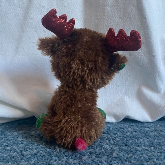 TY Christmas Beanie Boo FUDGE brown Reindeer plush Glitter Eyes Christmas - Picture 2 of 3